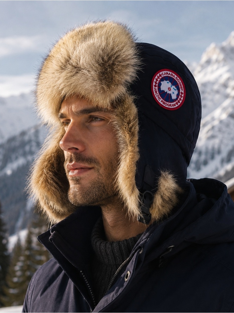 Canada Goose Down-Filled Aviator Hat with Coyote Fur Trim in Navy | L/XL NW